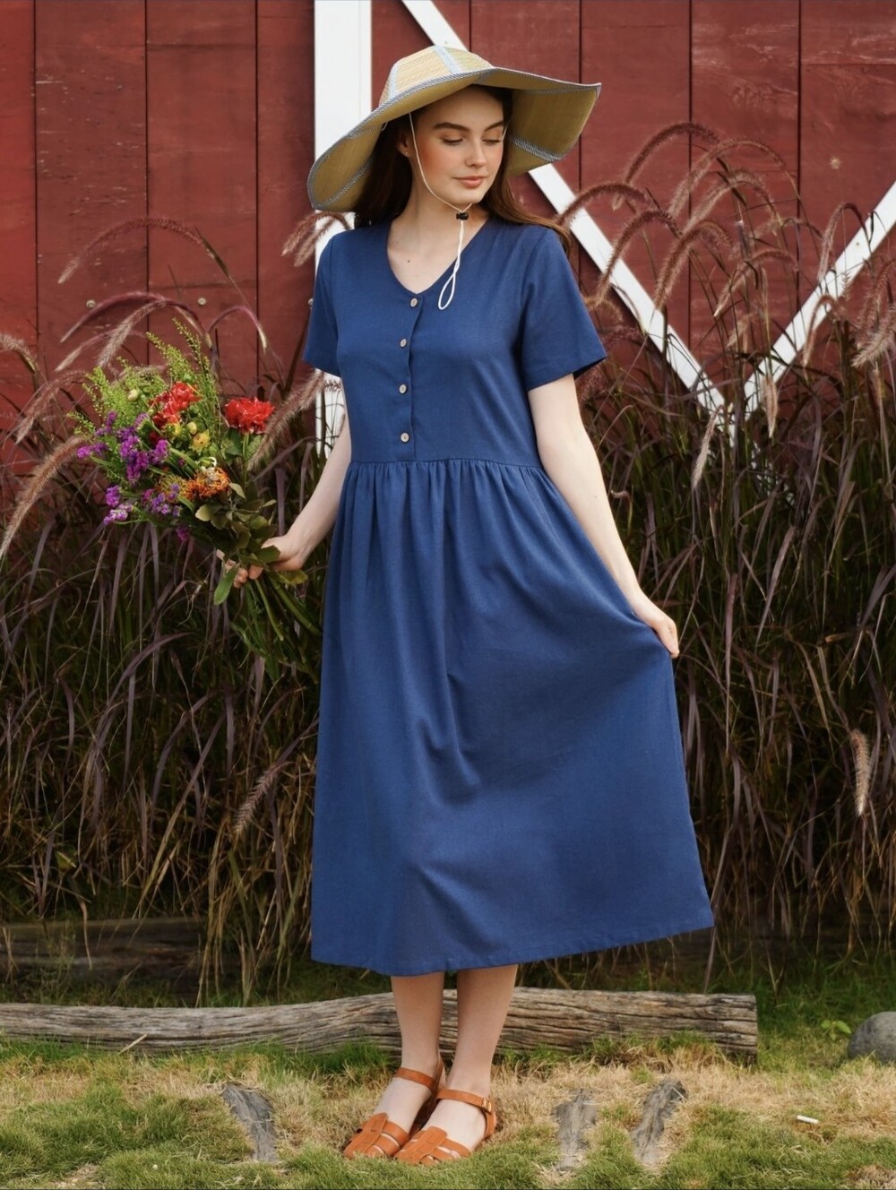 Hannah Canvas V-Neck Linen Loose Dress | Denim